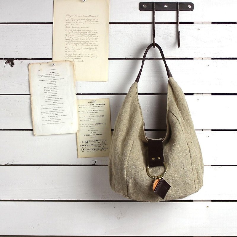 peter-mini - beige × dark brown linen bag - Handbags & Totes - Cotton & Hemp Khaki