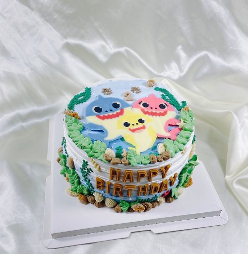 GJ.cake Baby Shark 生日蛋糕 造型 客製 卡通 手繪 滿周歲6 8吋 面交