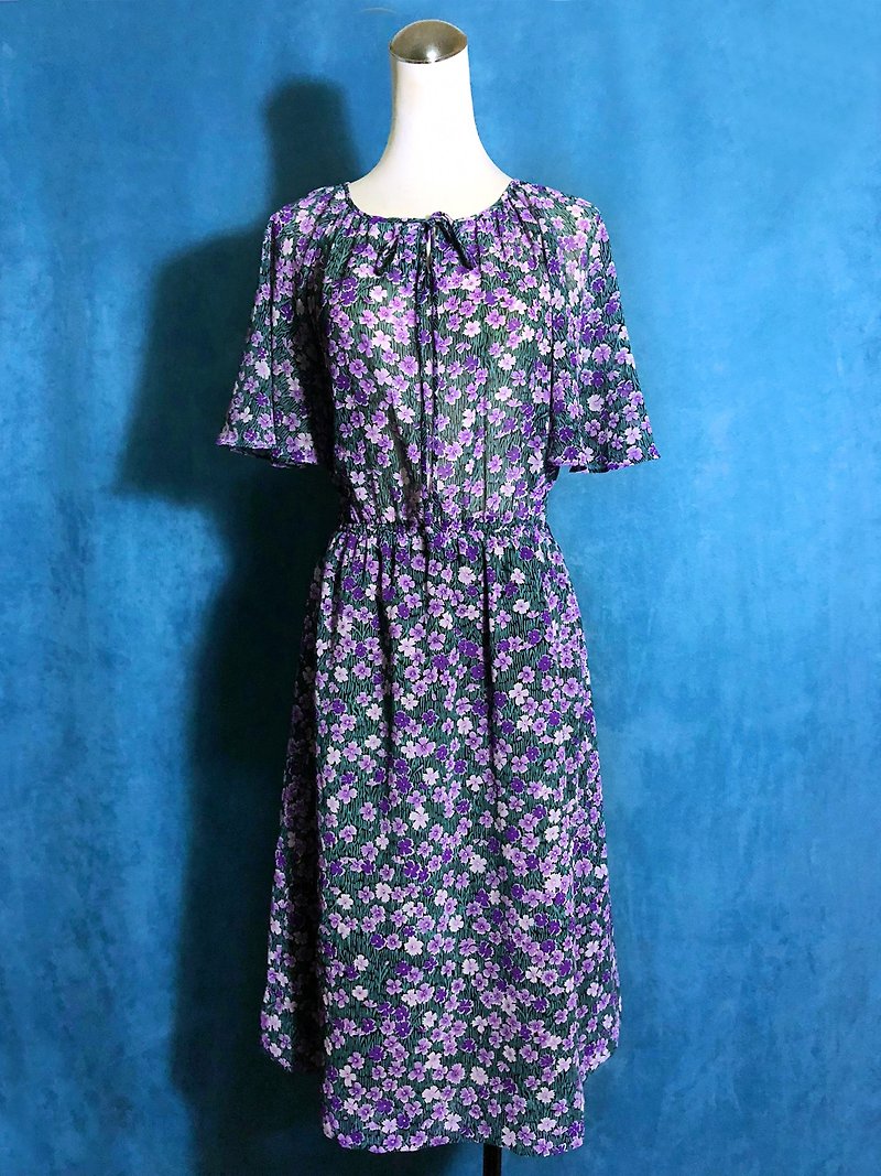 花朵雪紡寬弧袖古著洋裝/ 國外帶回 VINTAGE - 連身裙 - 聚酯纖維 紫色