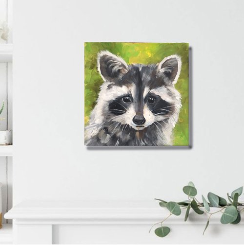 アライグマ アクリル 絵画 原画 美術  アート インテリア F4 #1 アライグマ オリジナル絵画 動物油アート 野生動物アートワーク