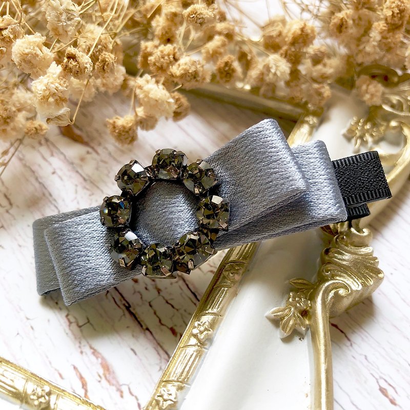 Crystal Matte Satin Bow Hair Clip/Blue Grey - Hair Accessories - Other Materials Blue