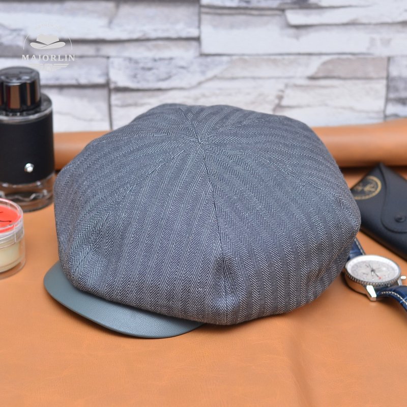 Classic newsboy hat, the combination of leather and workwear fabric, European and American star popular leather hat, beret - หมวก - ผ้าฝ้าย/ผ้าลินิน สีเทา