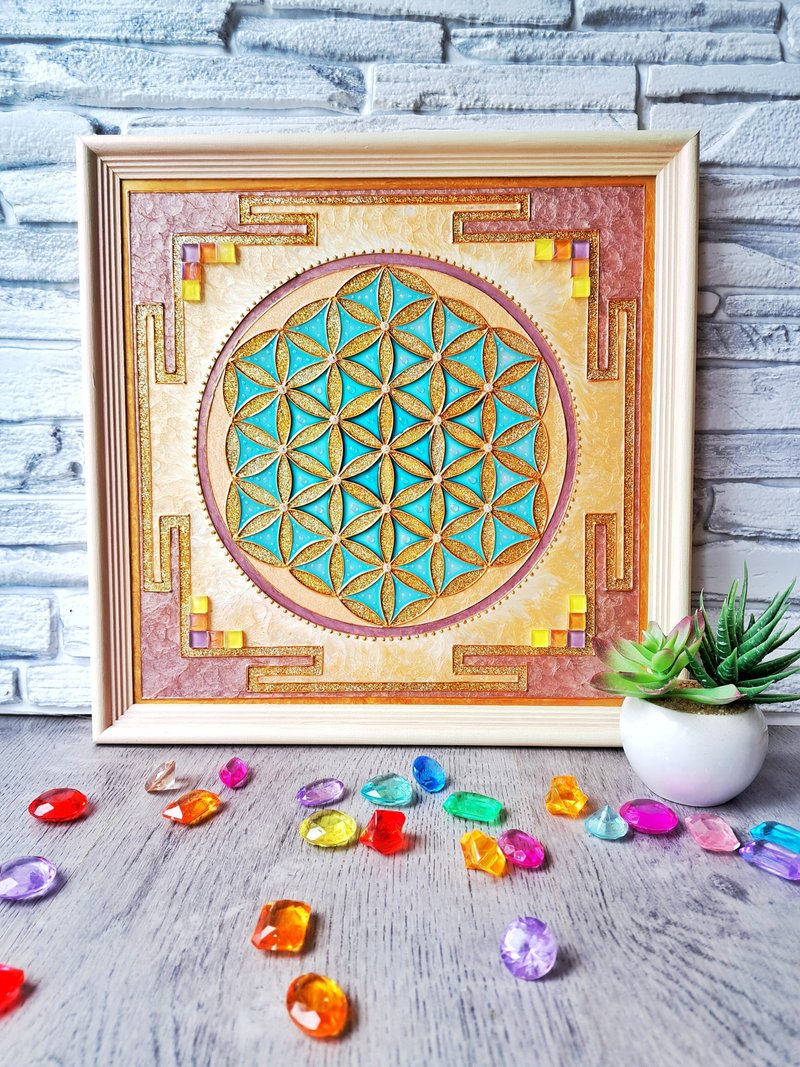 彩色玻璃漆Yantra生命之花吠陀占星术曼陀罗艺术Vastu - 壁貼/牆壁裝飾 - 玻璃 金色