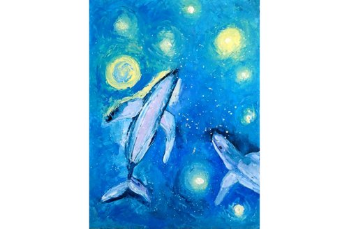 クジラオリジナル油絵、海の動物の壁の芸術、銀河の夜空のアートワーク