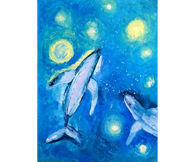 クジラオリジナル油絵、海の動物の壁の芸術、銀河の夜空のアートワーク - ショップ ColoredCatsArt ポスター・絵 - Pinkoi