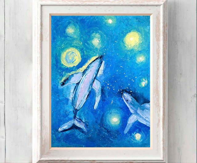 クジラオリジナル油絵、海の動物の壁の芸術、銀河の夜空のアートワーク