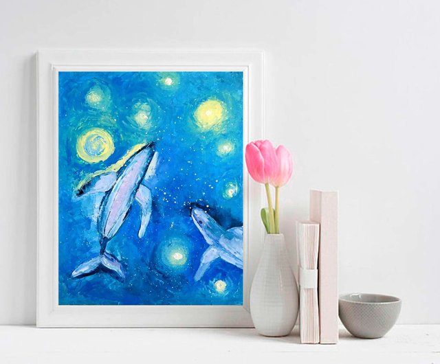 クジラオリジナル油絵、海の動物の壁の芸術、銀河の夜空のアートワーク