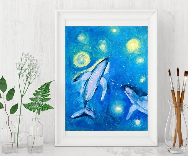 クジラオリジナル油絵、海の動物の壁の芸術、銀河の夜空のアートワーク - ショップ ColoredCatsArt ポスター・絵 - Pinkoi