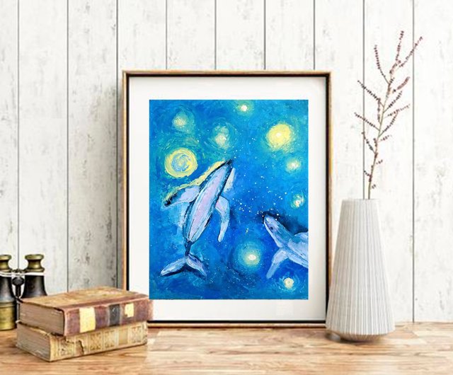 クジラオリジナル油絵、海の動物の壁の芸術、銀河の夜空のアートワーク