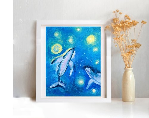 【ふもっふ】油絵　原画　生き物　鯨　ブルー　アート　インテリア　F4 ふもっふ様専用】油絵 原画 生き物 鯨 ブルー アート インテリア F4