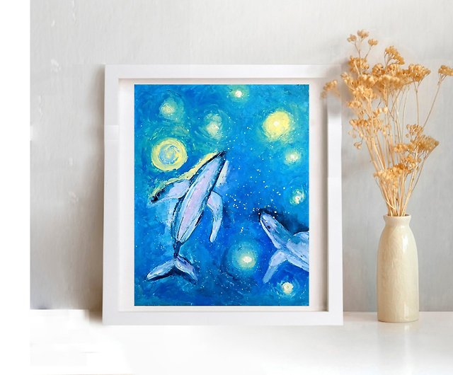 クジラオリジナル油絵、海の動物の壁の芸術、銀河の夜空のアートワーク 