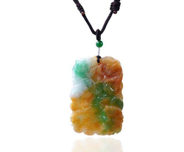 魚のネックレスが付いた三色翡翠彫刻財布 |天然ビルマ翡翠 A級