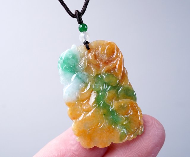 魚のネックレスが付いた三色翡翠彫刻財布 |天然ビルマ翡翠 A級