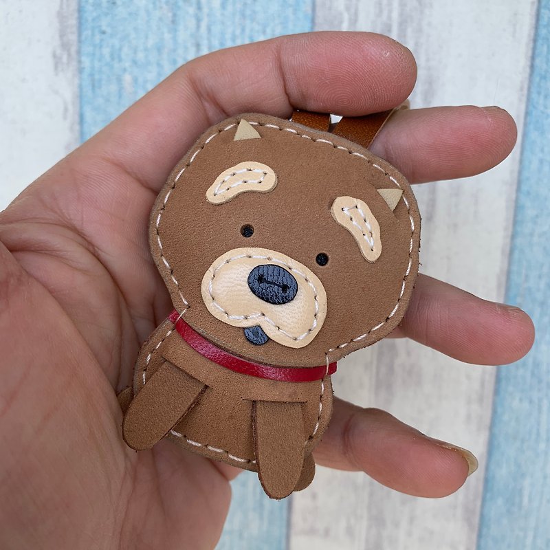Brown cute chow chow dog handmade sewn leather charm small size - Keychains - Genuine Leather Orange