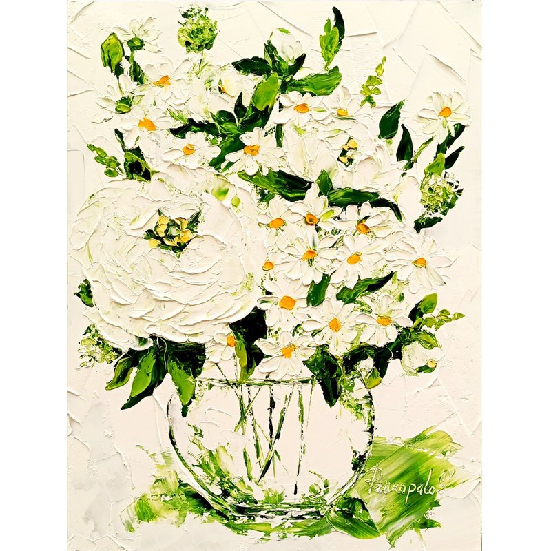 Abstract Peony Floral Painting White Daisy in Vase 16 x 12 - Wall Décor - Other Materials White