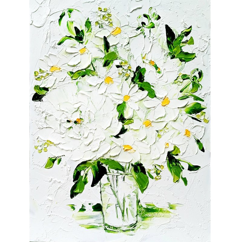 Abstract Peony Floral Painting White Daisy in Vase 16 x 12 - 壁貼/牆壁裝飾 - 其他材質 白色