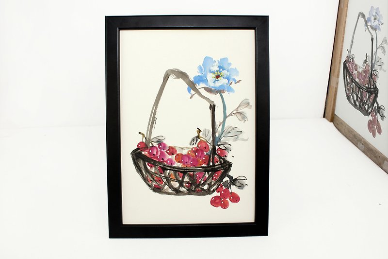 Hand-painted hanging peony grape fruit basket Chinese painting decoration (with picture frame) - Posters - Other Materials Purple