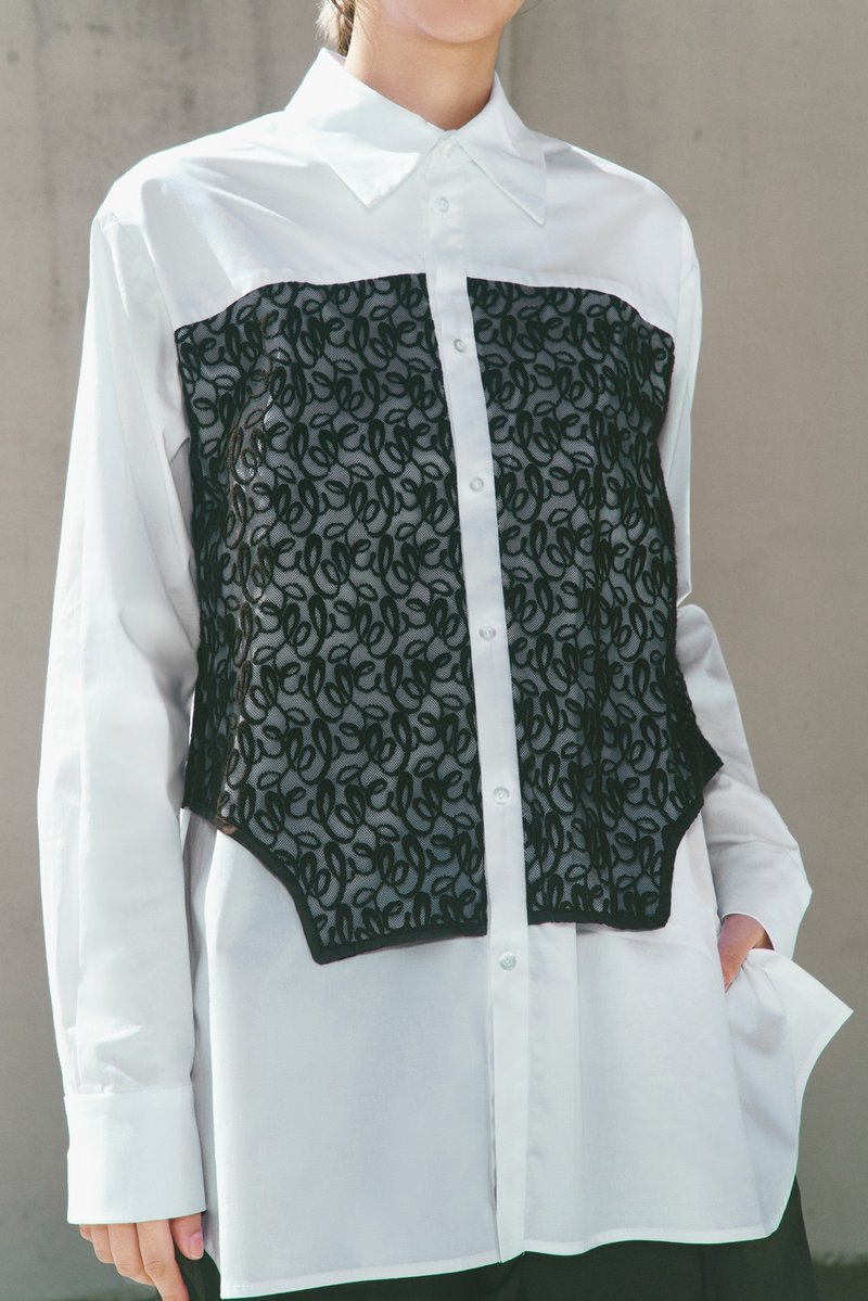 Double layer lace shirt - เสื้อเชิ้ตผู้ชาย - ผ้าฝ้าย/ผ้าลินิน ขาว