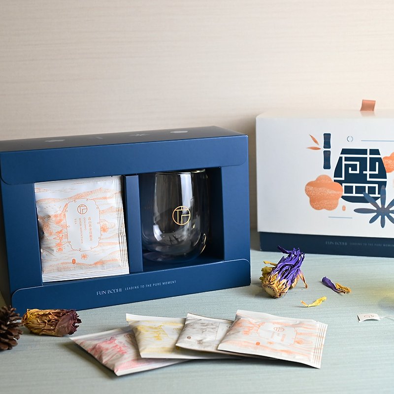 [Sheng] Taiwan Gold Oolong Tea Bag + Double-layer Glass Cup Hardcover Gift Box - ชา - กระดาษ สีน้ำเงิน