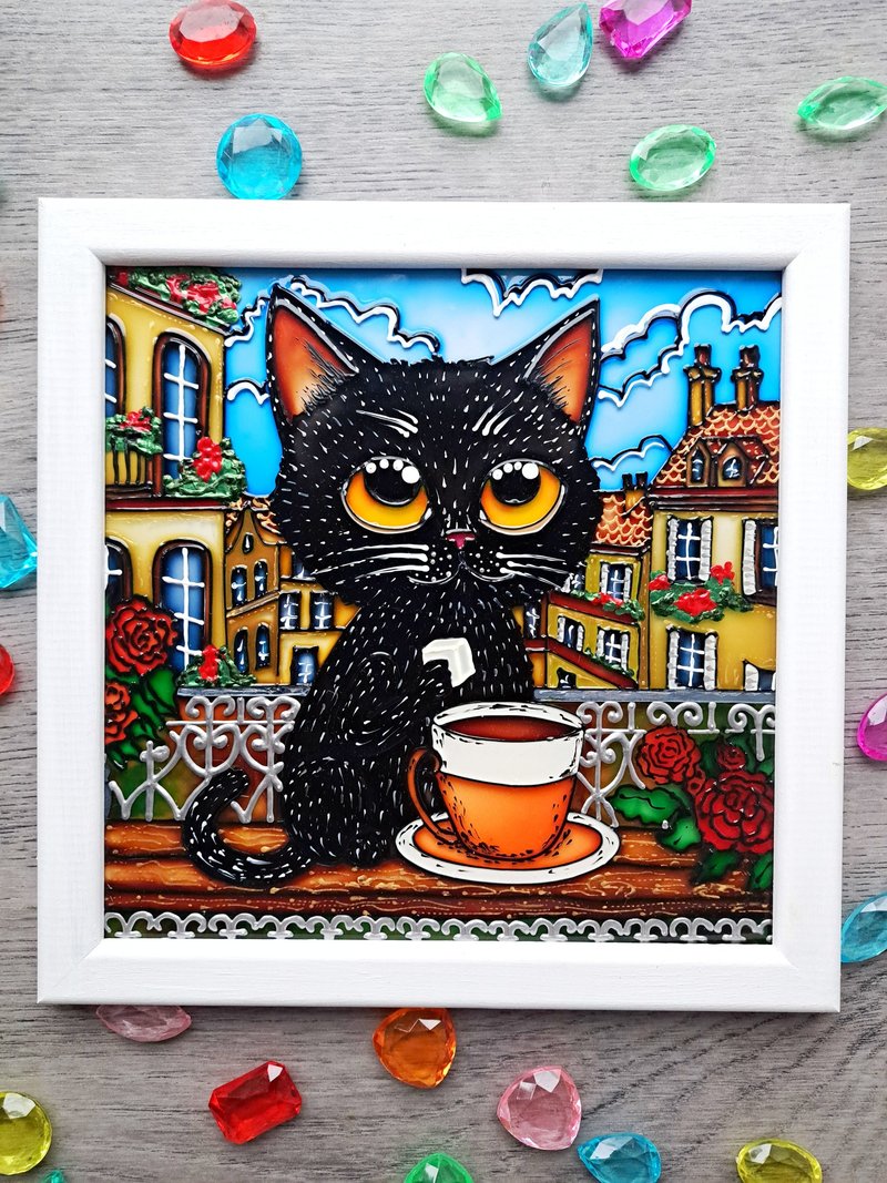 Stained glass painting Black cat drinking coffee on balcony Unique pet portrait - Wall Décor - Glass White