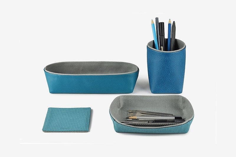 桌面收納組4入 儲物盒 筆筒 托盤 杯墊 藍色 - 居家收納/收納盒/收納用品 - 人造皮革 藍色
