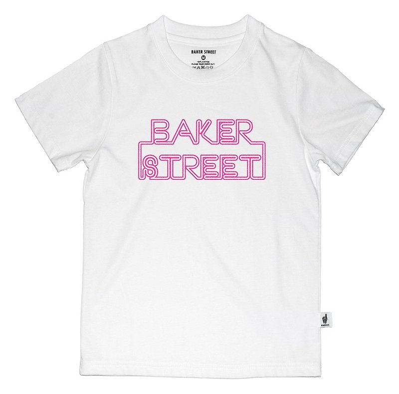 【英國 Baker Street 貝克街】童裝 - 純棉短袖T - 霓虹招牌 紅 - 男/女童裝 - 棉．麻 白色