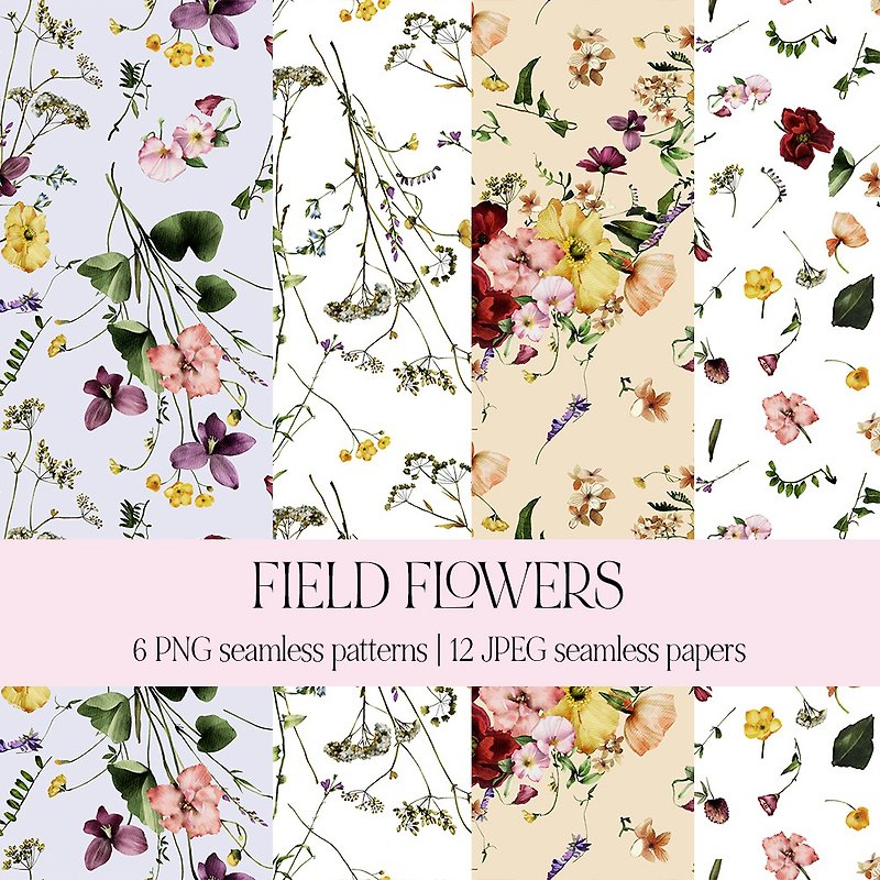 Field Flowers Meadow Poppies Seamless Floral Patterns Digital Paper - 包裝材料 - 其他金屬 