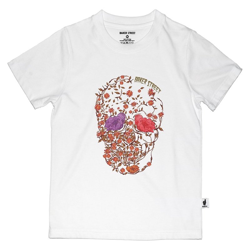 British Fashion Brand -Baker Street- Blossom Skull Printed T-shirt for Kids - เสื้อยืด - ผ้าฝ้าย/ผ้าลินิน ขาว