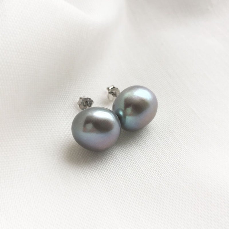 11mm Freshwater Grey Silver color button round Big Pearl Stud Earrings - 耳環/耳夾 - 珍珠 灰色