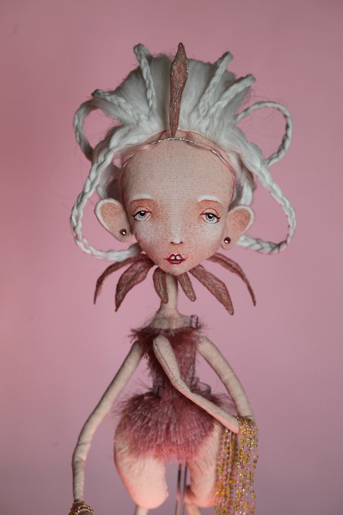 ooak dolls by Ada Erlih OOAK textile Pink Flamingo doll dressed up in art deco style