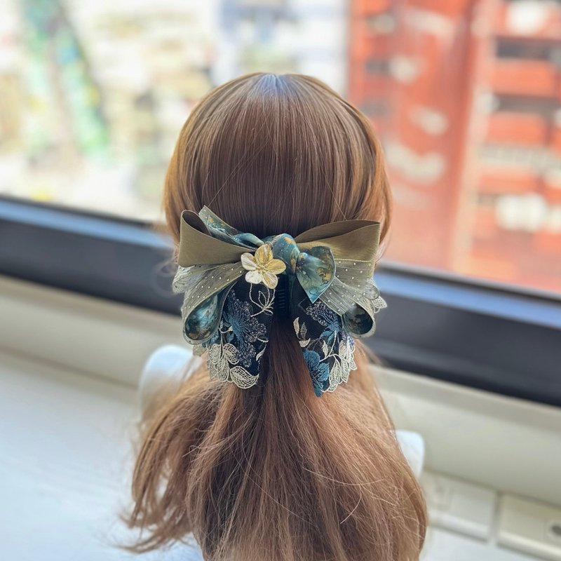 銀色點點紗蕾絲蝴蝶結相交夾香蕉夾仙女夾髮夾-橄欖綠 - 髮夾/髮圈 - 其他材質 綠色