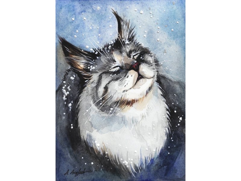 Cat Painting Pet Original Art Animal Artwork Watercolor Painting Kitty Wall Art - 海報/掛畫/掛布 - 紙 藍色