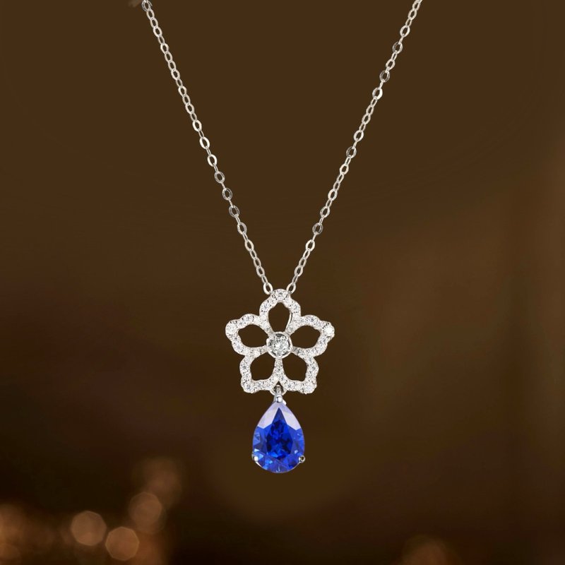 Pear blossom with rain 18k gold cultured sapphire necklace simple advanced pendant all-match commuting gift birthday - Necklaces - Other Materials Blue