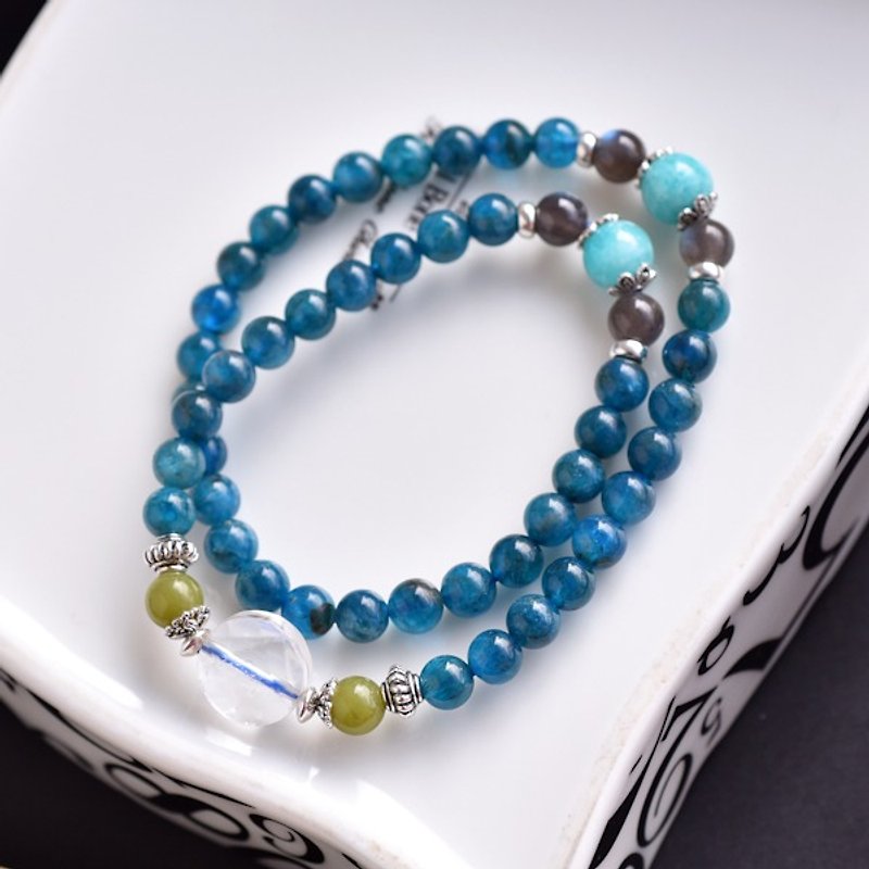 Apatite + Tianhe Stone + Labradorite Sterling Silver Double Ring Bracelet - Bracelets - Gemstone Blue
