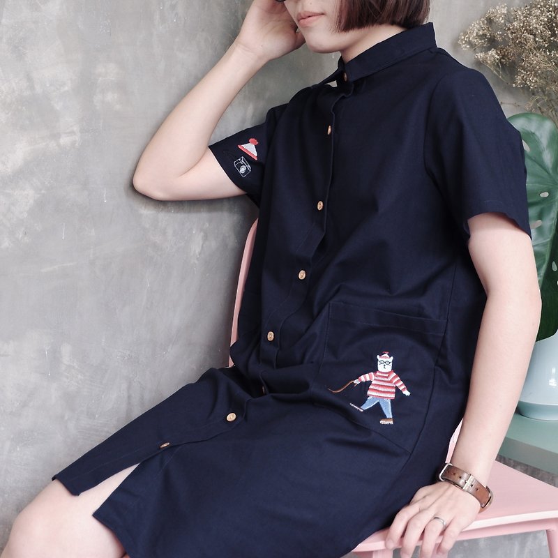 Shirt Dress (WALLY BEAR) : Dark Blue - One Piece Dresses - Cotton & Hemp Blue