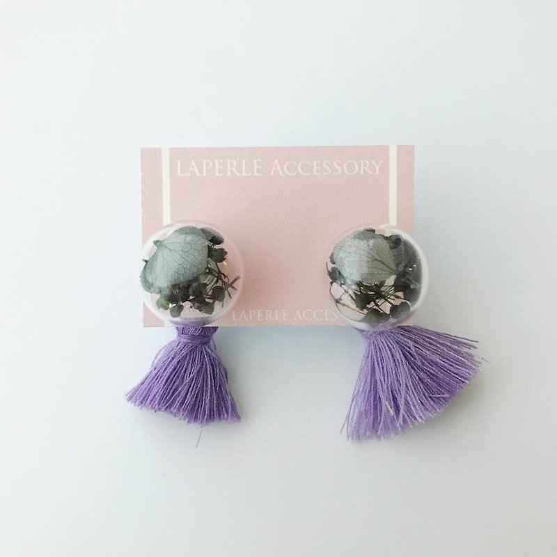 2 Ways Black Purple tassel Glass Ball Preserved Dry Flower Earrings Birthday gift Bridal shower bridesmaid Christmas - ต่างหู - แก้ว สีดำ