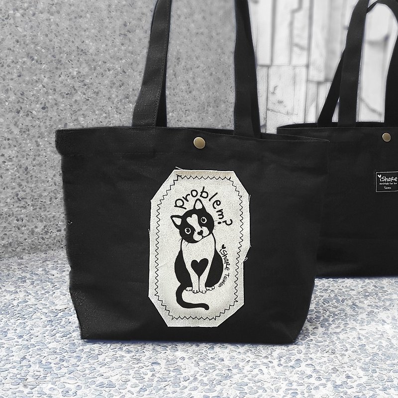 Cat black - hand sewn printed canvas bag bag / shoulder bag (small bag / green bag / carry bag / lunch bag / small Tote) - Other - Cotton & Hemp Black