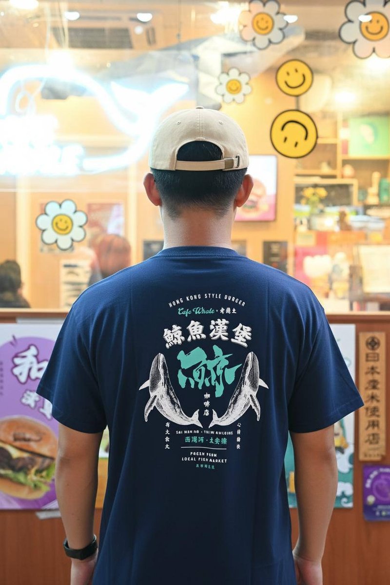 老蘭土 x 鯨魚漢堡 深藍色 短袖 Tee (成人/中性) - 帽T/大學T - 棉．麻 藍色