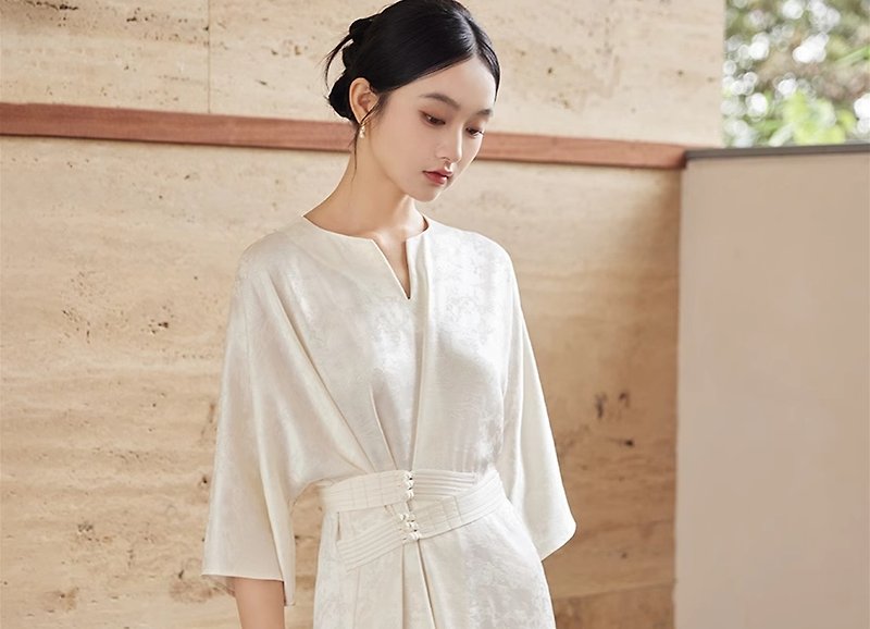 Jinghongke Chinese style Zen tea dress acetate satin cheongsam dress - One Piece Dresses - Other Materials White
