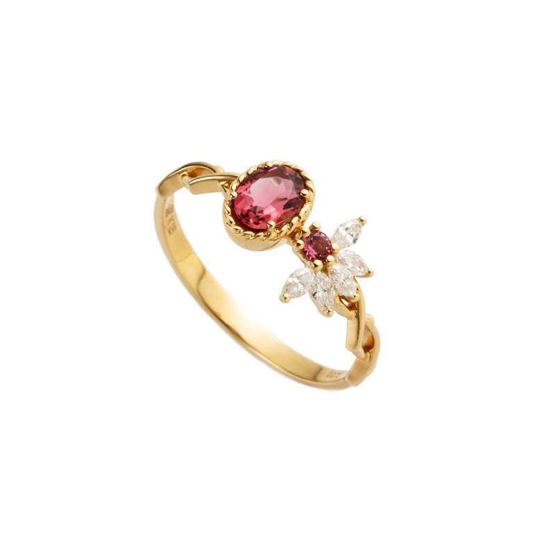 18K Jungle Flower - Pink Tourmaline Marquise Diamond Ring Valentine's Day Pink Special Edition - แหวนทั่วไป - เครื่องประดับ สีทอง