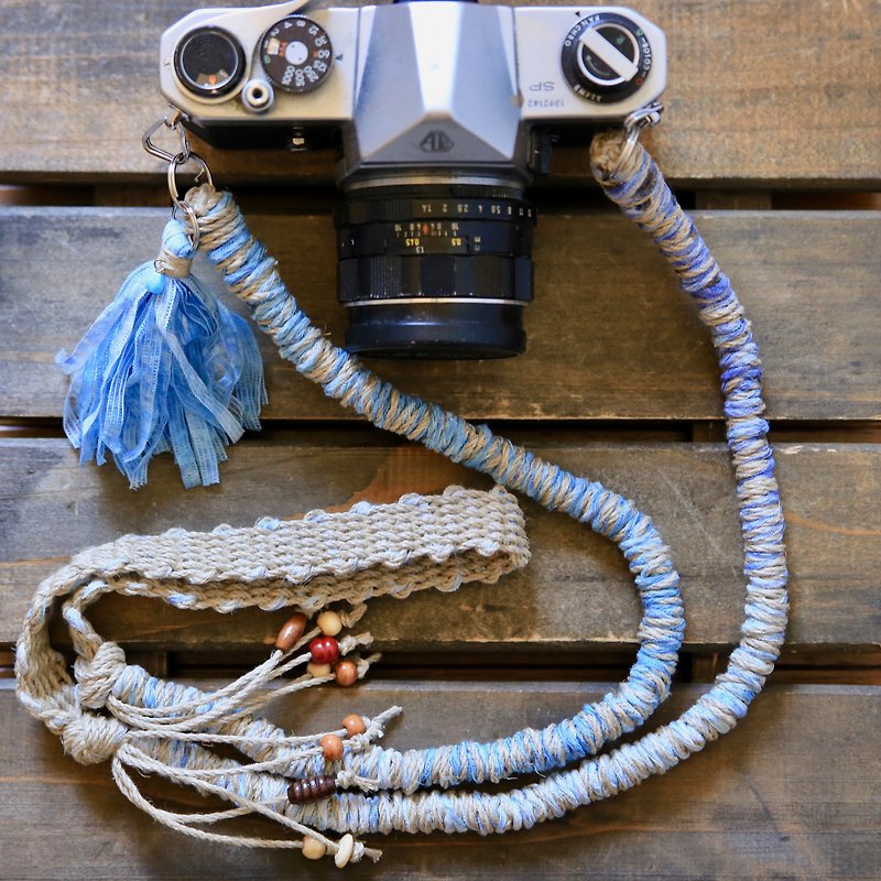 Tape yarn hemp string hemp camera strap blue / double ring - ขาตั้งกล้อง - ผ้าฝ้าย/ผ้าลินิน สีน้ำเงิน