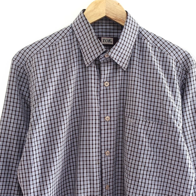 │Slowly│Witty small plaid - vintage shirt │vintage. Retro. Literature - เสื้อเชิ้ตผู้ชาย - เส้นใยสังเคราะห์ หลากหลายสี