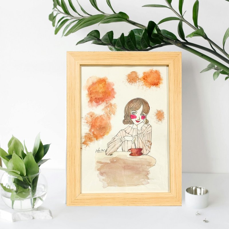 Stylish original illustration Cafe A4 framed Beautiful woman 送禮 送禮 - โปสเตอร์ - กระดาษ สีนำ้ตาล