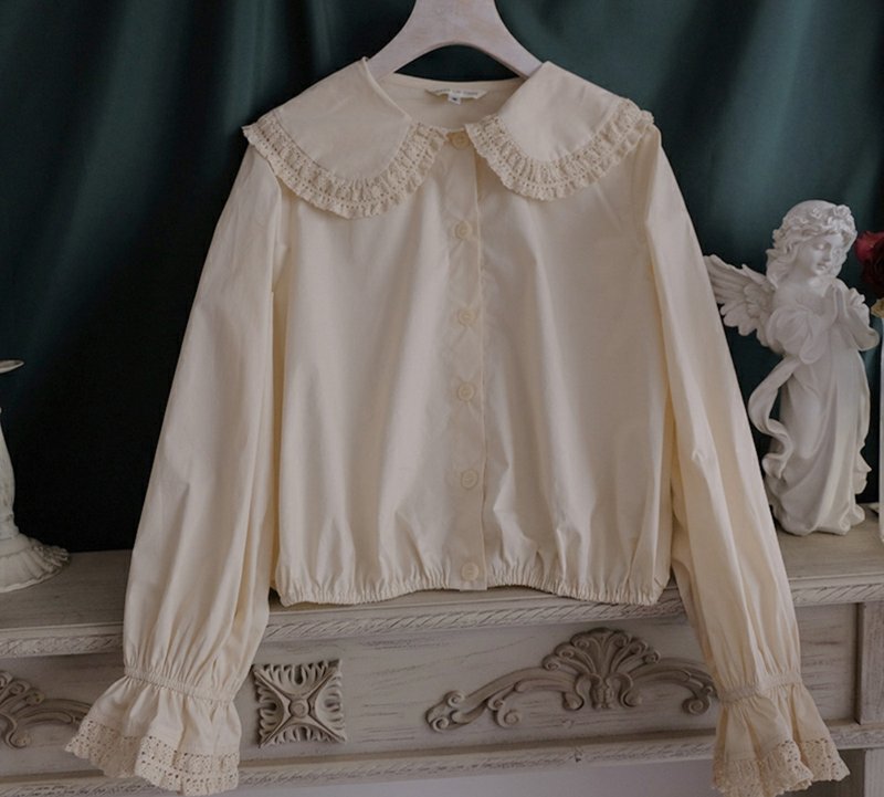 【手工製作】法式復古 少女奶油芝士全棉百搭襯衫 - 女襯衫 - 聚酯纖維 白色