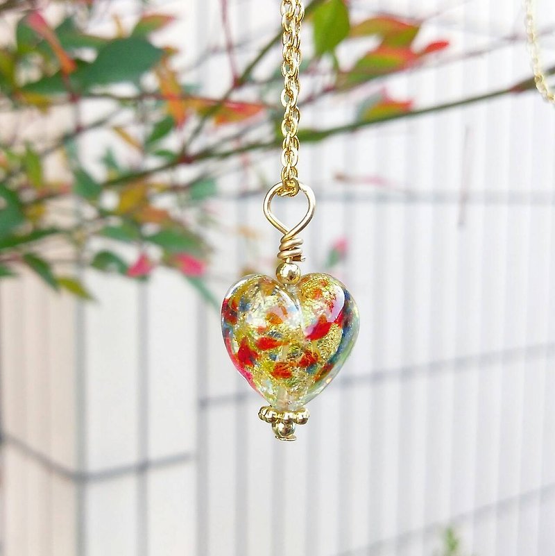 [Venetian Glass Beads] Jeweled Gold Foil Murano Glass Heart Bead Necklace - Earrings & Clip-ons - Glass Gold