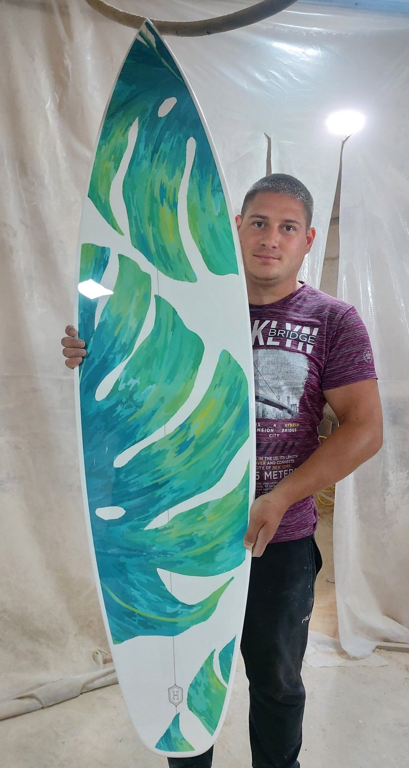 Surfboard Wall Art, Surfers gift, green Monstera - 壁貼/牆壁裝飾 - 木頭 白色
