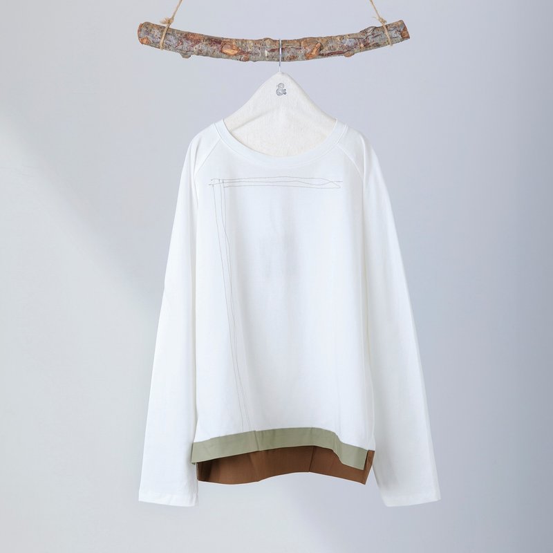 Plateau imagery stitching color matching hem top - Women's Tops - Cotton & Hemp White