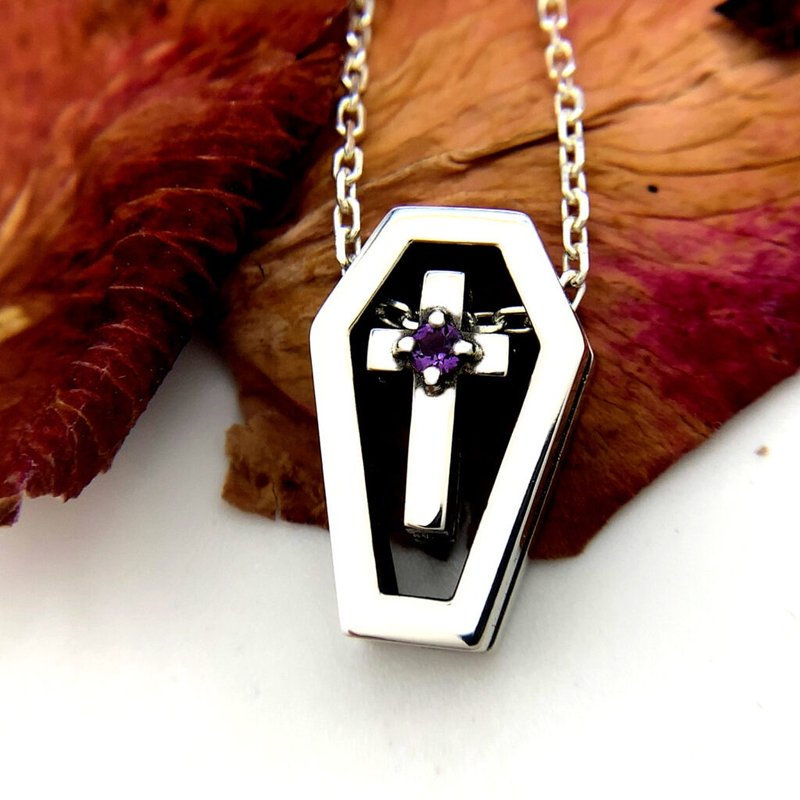 coffin,sterling silver necklace,amethyst,gothic punk,free shipping,made in japan - สร้อยคอ - เงินแท้ สีเงิน