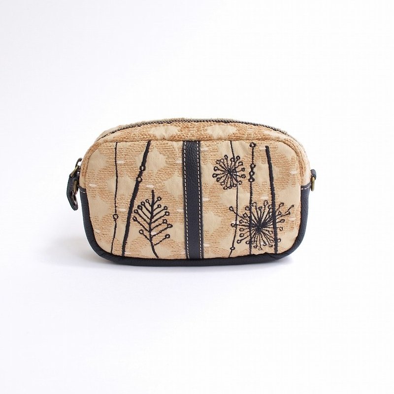 Dandelion seed embroidery / shoulder pouch - Toiletry Bags & Pouches - Genuine Leather Khaki