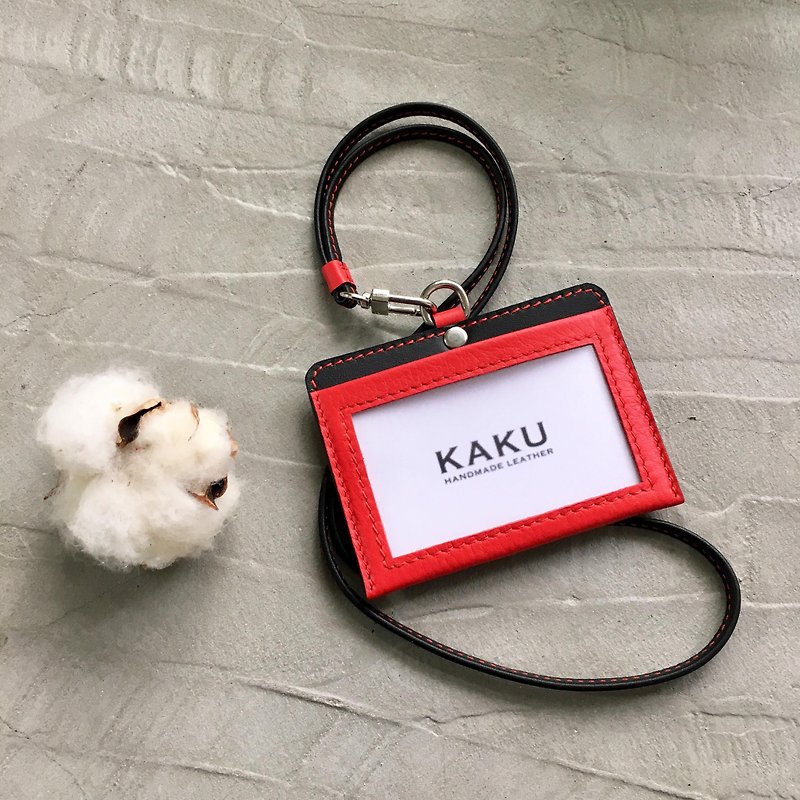 KAKU leather design identification card ID card holder leisure card holder card holder red - ที่ใส่บัตรคล้องคอ - หนังแท้ สีแดง